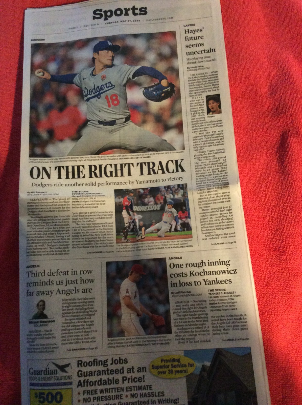 DAILY BREEZE SPORTS SECTION MAY 27 2025 DODGERS YOSHINOBU YAMAMOTO OHTANI