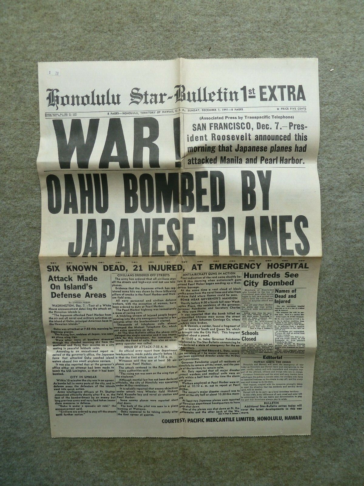 VINTAGE HONOLULU STAR BULLETIN DECEMBER 7 1941 BOUGHT FROM HAWAII USA 1982