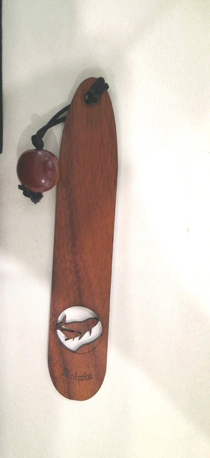 VTG Hawaiian Handcrafted Koa Wood Surfboard Bookmark & Dolphin Cutout, 6.5in.